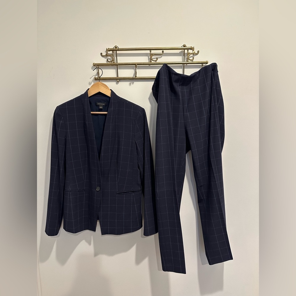 Ann Taylor Navy Windowpane Blazer & Pants Suit Set
